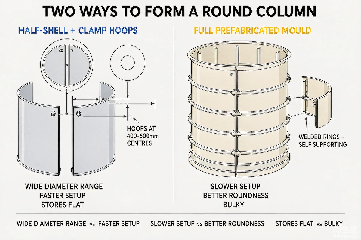 Column and Cylindrical Formwork: Choosing Between Clamp Systems and Half-Shell Moulds