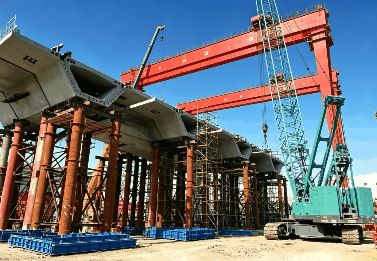 Gantry crane and crawler crane working under blue sky